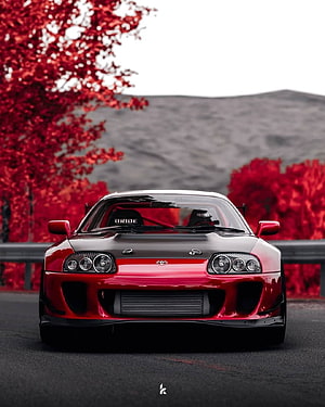 Red Toyota Supra MK4 Front View on Autumn Road HD phone wallpaper