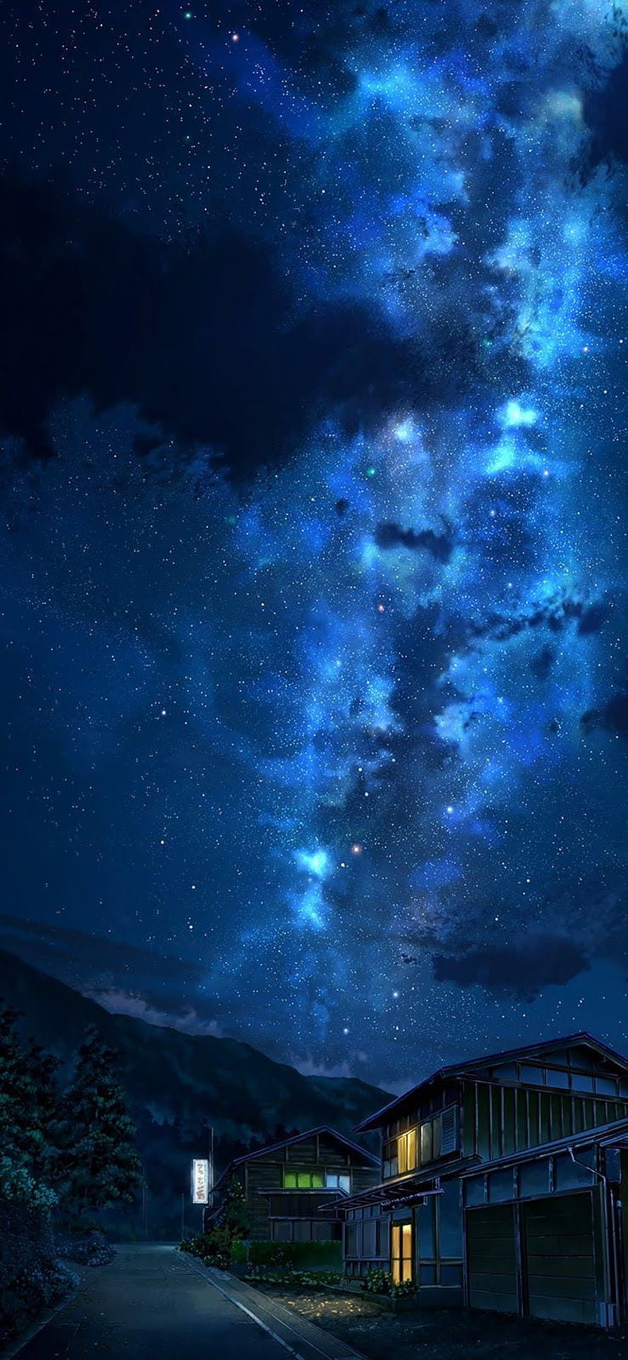Anime Night Sky Over Rural Japanese Village with Milky Way and Starry Clouds HD phone wallpaper