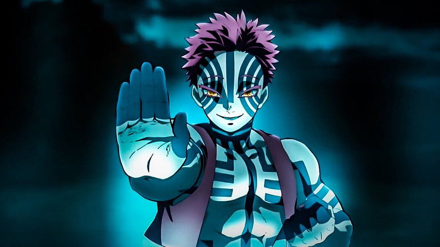 Akaza Demon Slayer Anime Character With Pink Hair And Blue Markings HD wallpaper