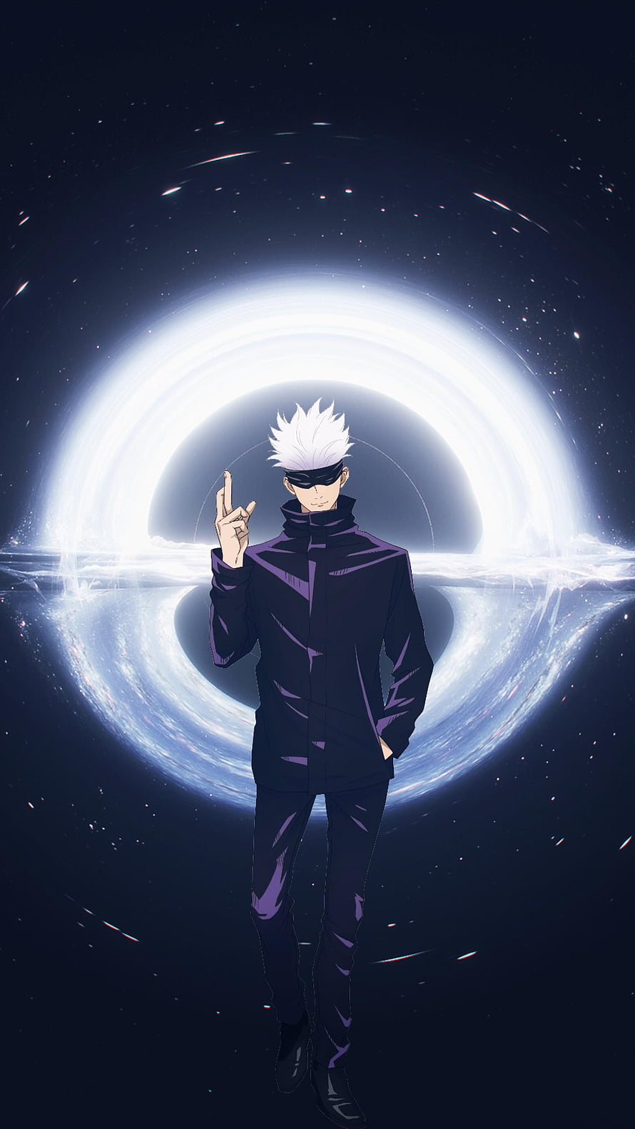 Satoru Gojo from Jujutsu Kaisen Standing Before a Cosmic Black Hole HD phone wallpaper