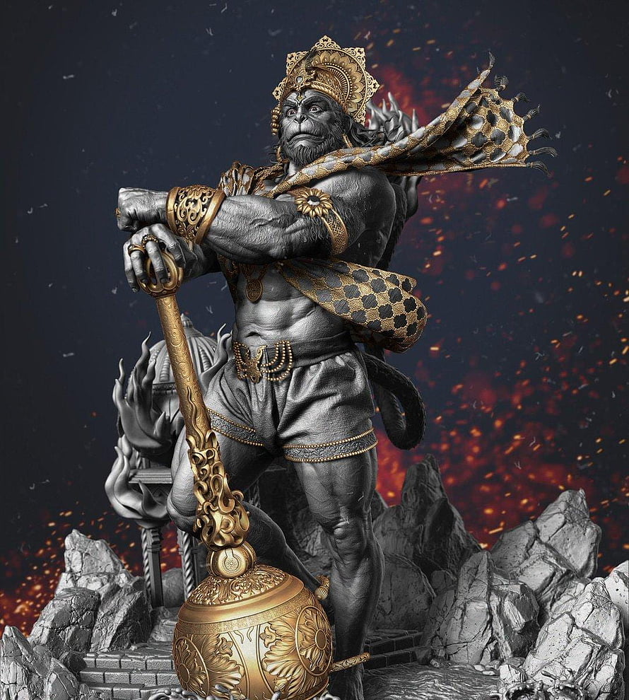 Angry Hanuman Statue Holding Mace on Rocky Base with Fiery Background HD phone wallpaper