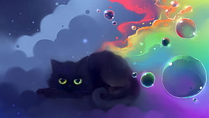 Dreamy Black Cat with Glowing Eyes and Rainbow Bubbles in a Fantasy Cloudscape HD wallpaper