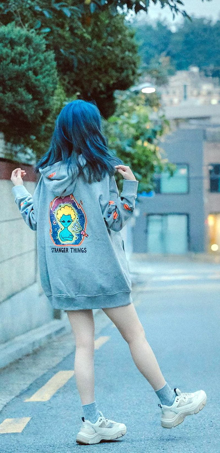 IU in Blue Hair Wearing Stranger Things Hoodie on a Street HD phone wallpaper