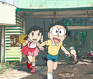 Nobita and Shizuka Running Through a Street in Doraemon Anime Style HD wallpaper