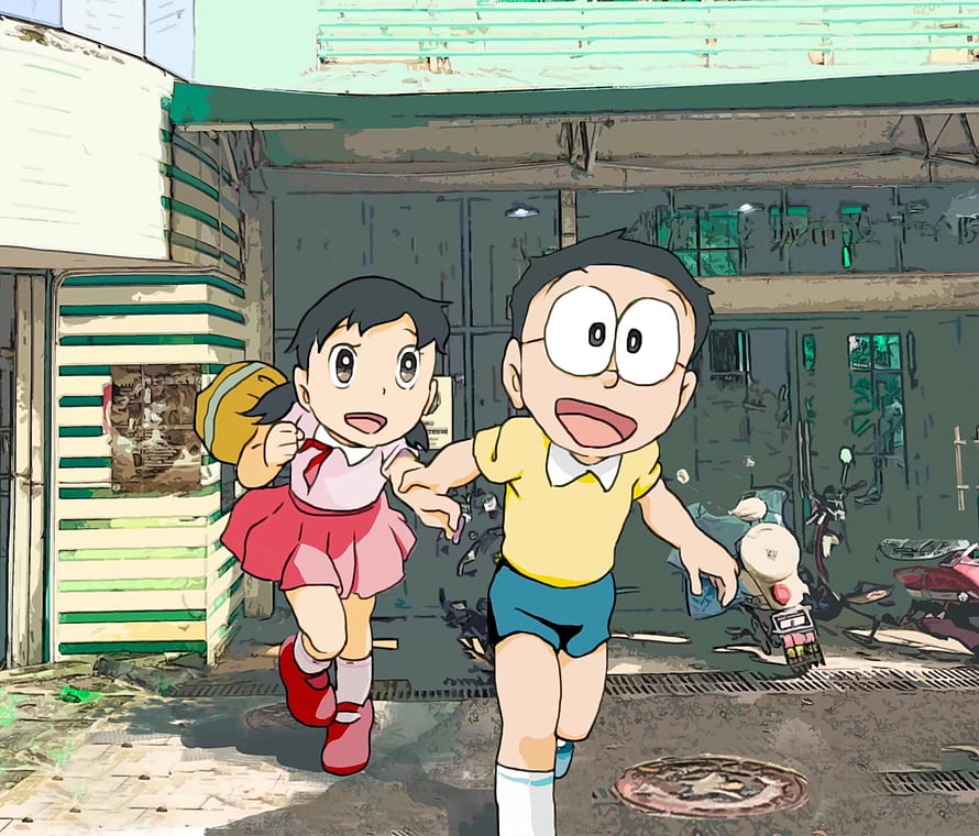 Nobita and Shizuka Running Through a Street in Doraemon Anime Style HD wallpaper