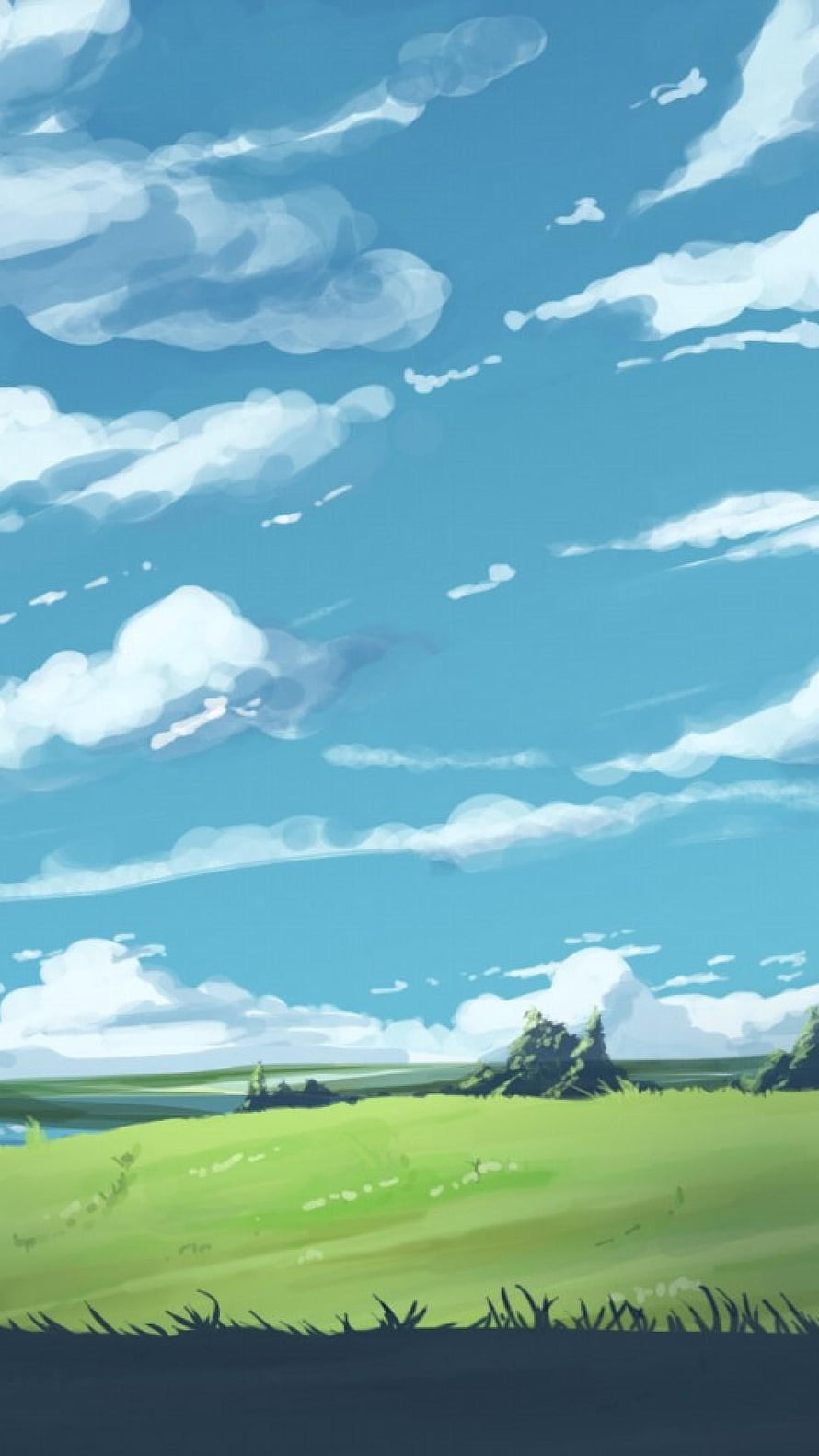 Serene Anime Countryside Landscape with Rolling Green Hills and Blue Sky HD phone wallpaper