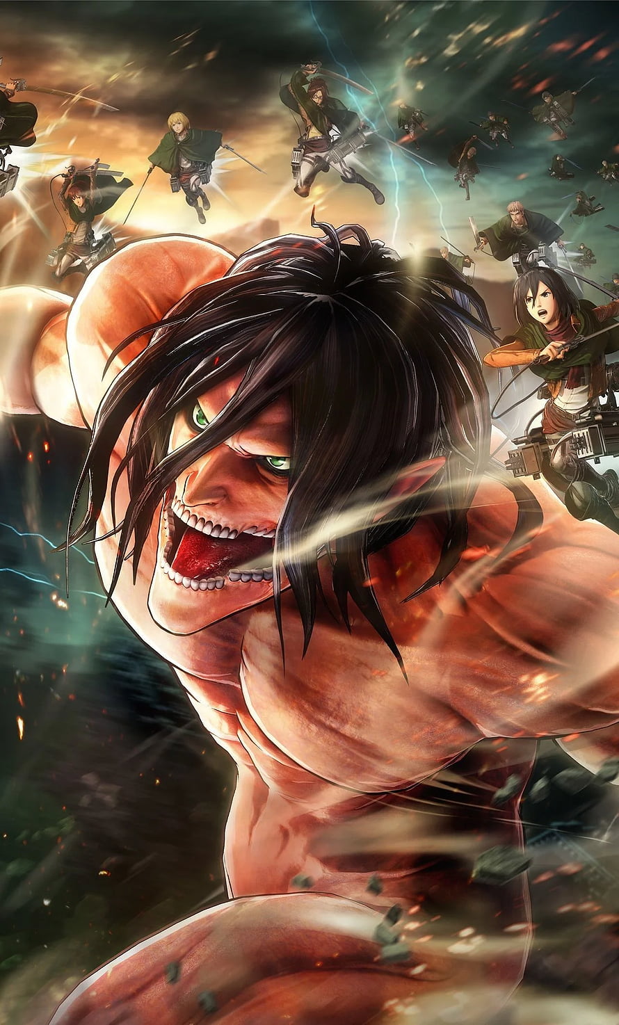 Attack on Titan Eren Yeager Titan Form with Survey Corps ODM Gear in Dynamic Battle Scene HD phone wallpaper