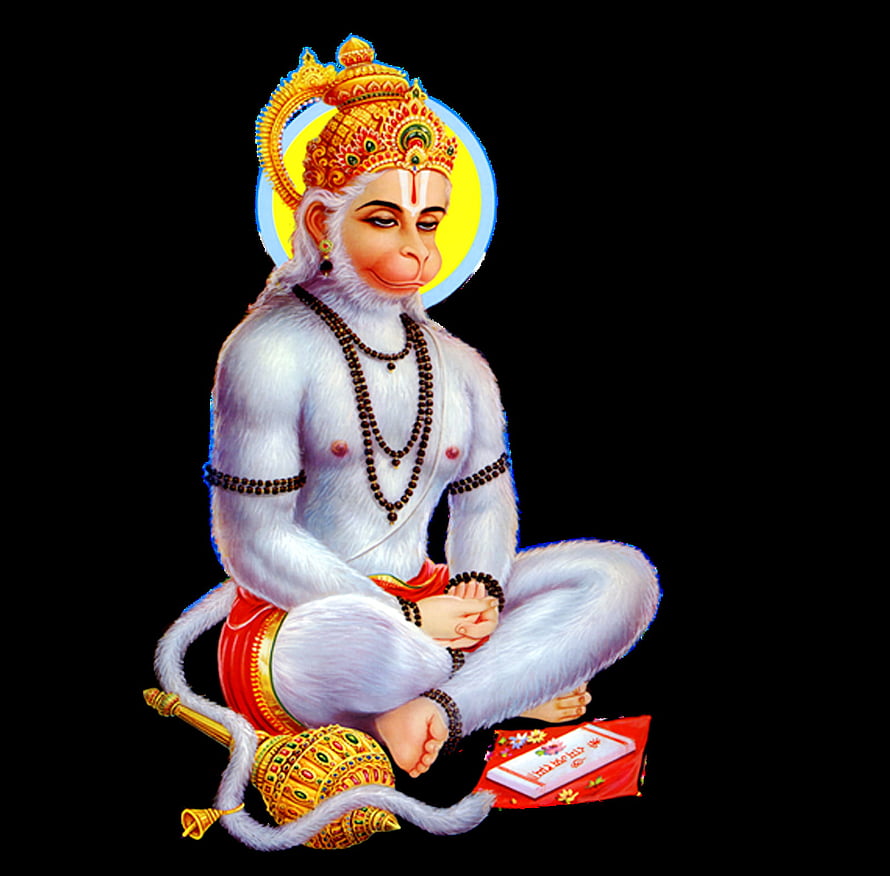 Hanuman in Meditation with Sacred Text and Mace on Black Background, Hanuman PNG, hanuman meditation HD wallpaper