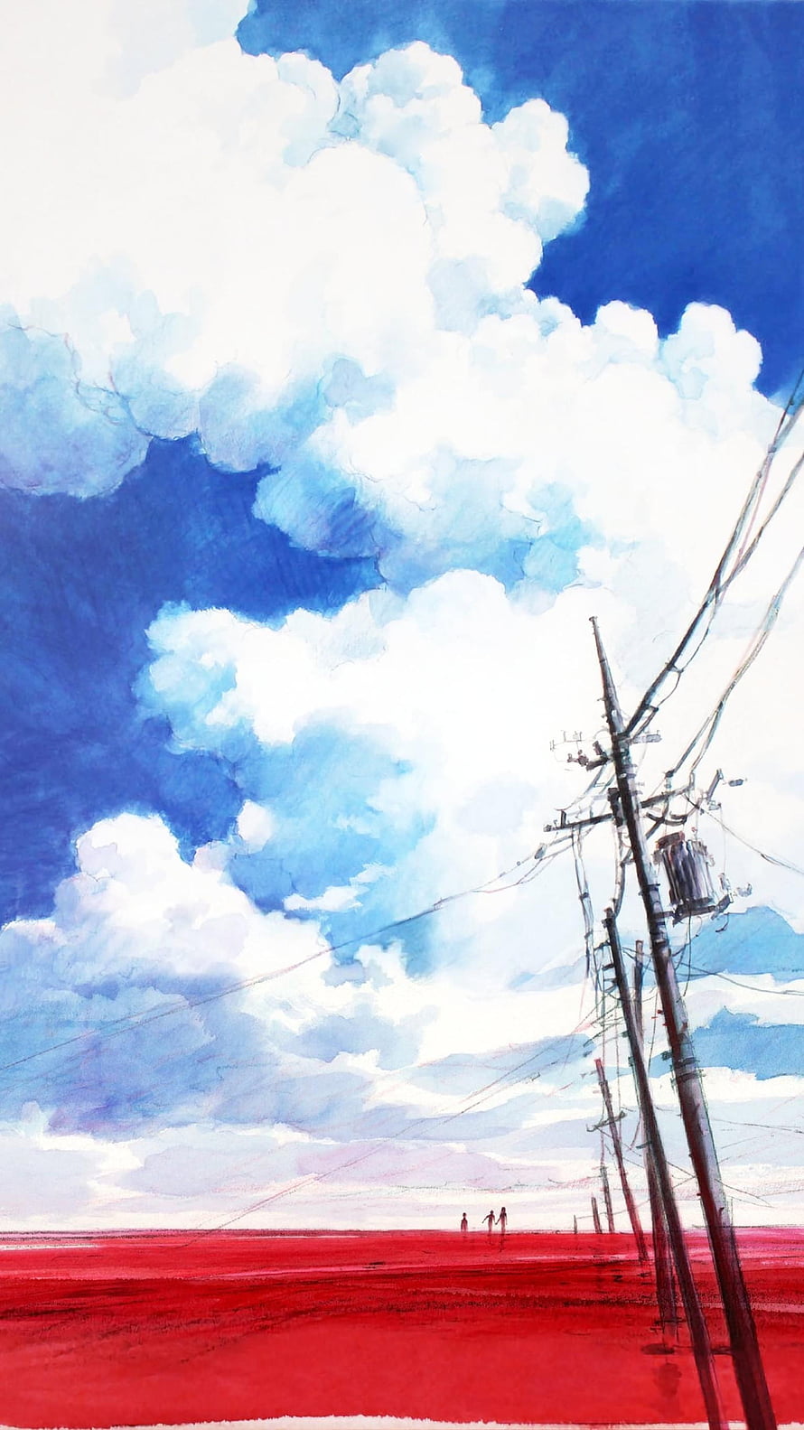 Evangelion 3.0+1.0 Thrice Upon a Time Watercolor Landscape with Red Field and Power Lines HD phone wallpaper