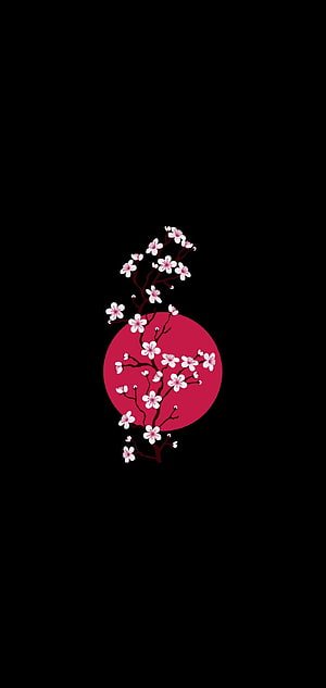 Minimalist Cherry Blossom Branch Against Red Sun on Black Background HD phone wallpaper