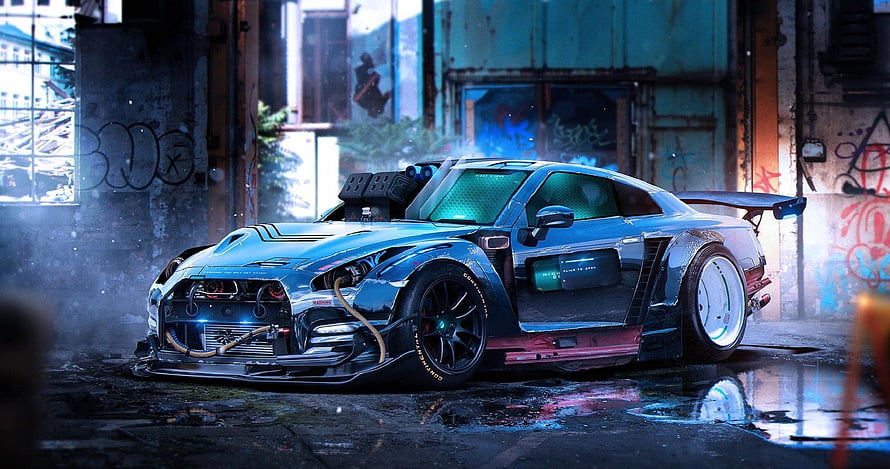 Cyberpunk Nissan GT-R in Neon-Lit Urban Alley with Custom Widebody Kit HD wallpaper