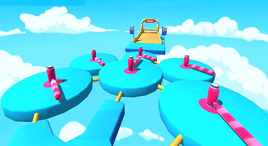 Stumble Guys Obstacle Course with Spinning Pads and Finish Line in the Sky HD wallpaper