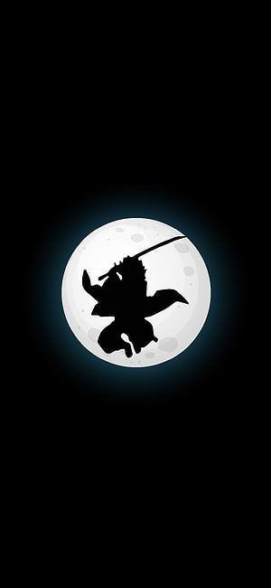 Demon Slayer Silhouette Flying Against Full Moon AMOLED Dark Wallpaper HD phone wallpaper
