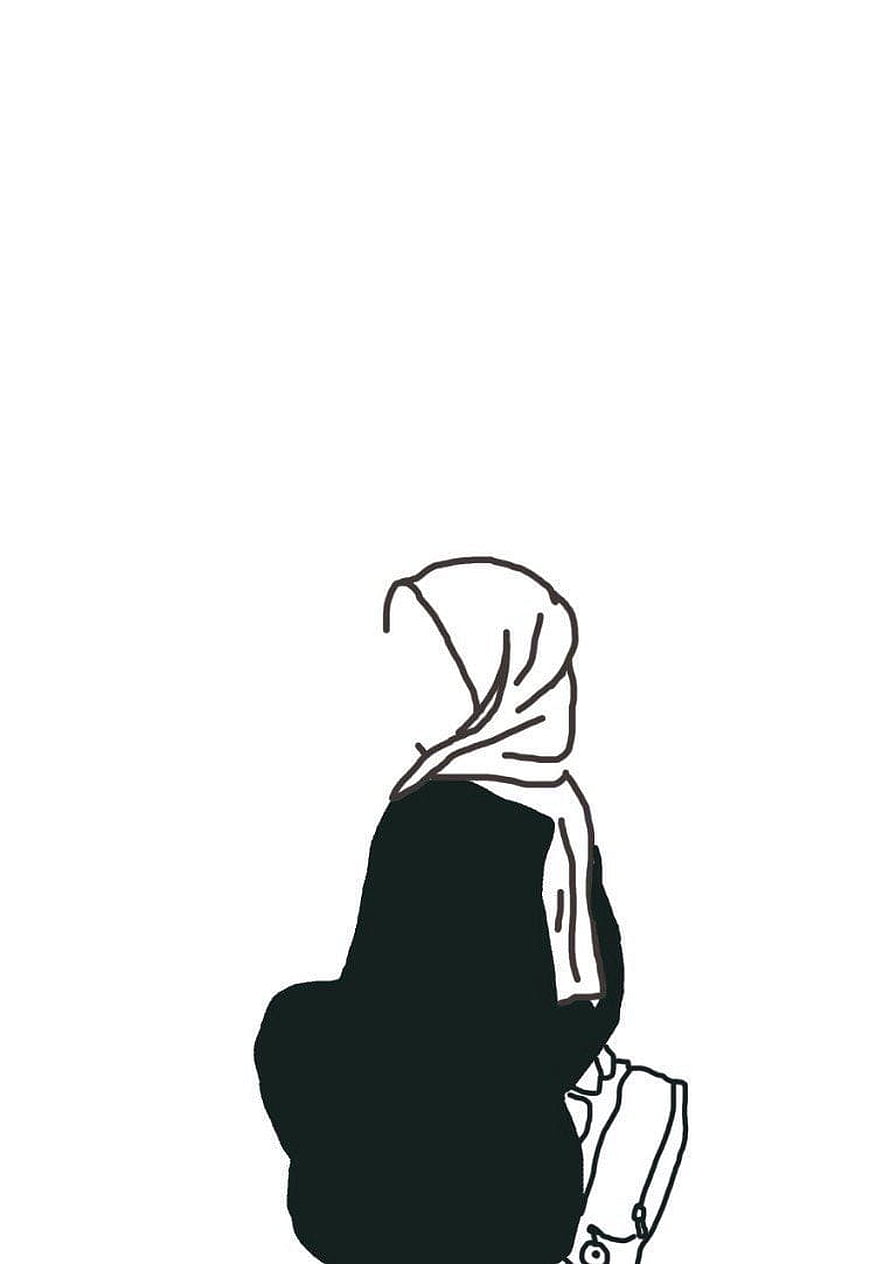 Minimalist Black and White Line Art of a Hijabi Girl with a Handbag HD phone wallpaper