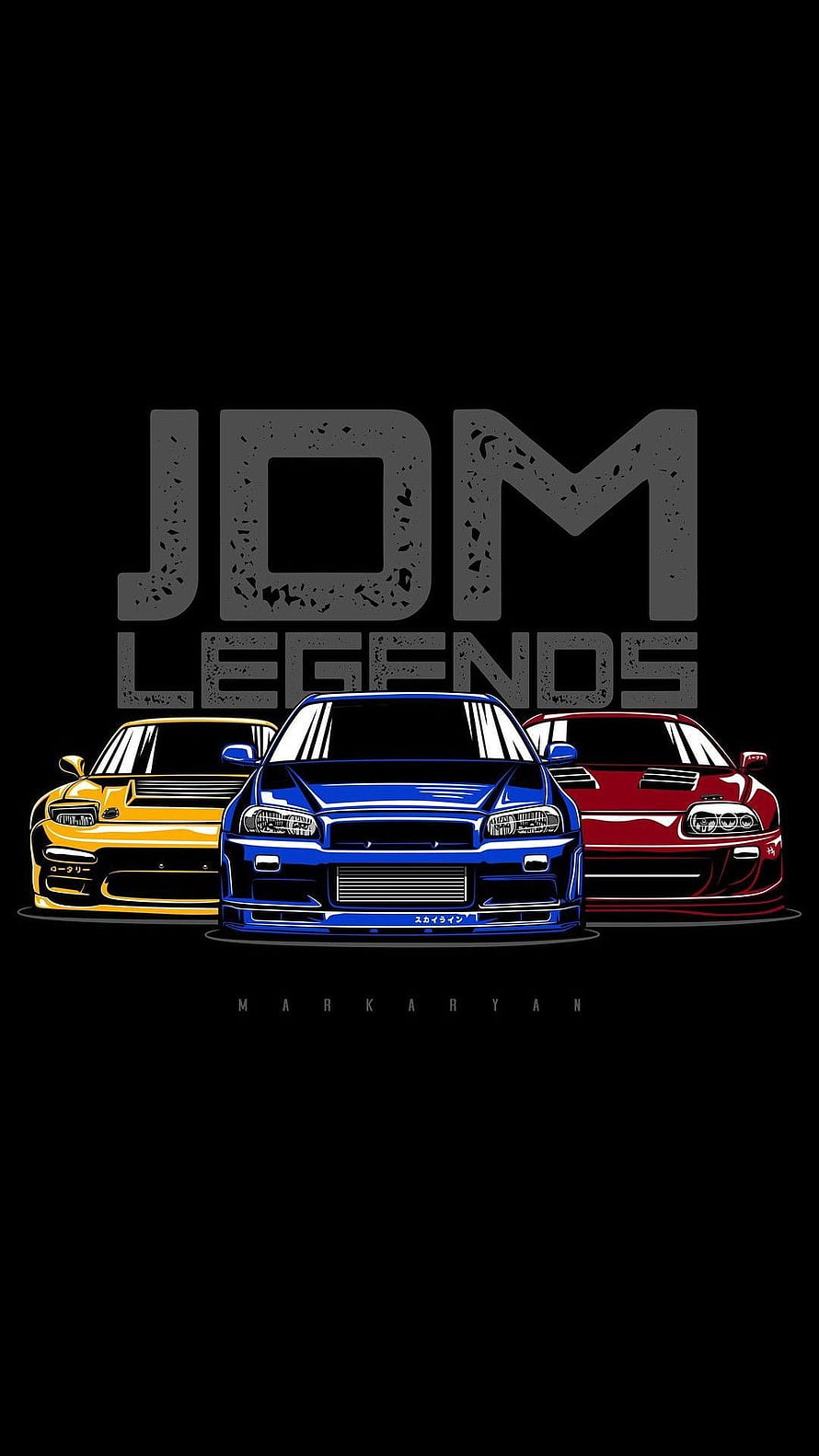 JDM Legends: Nissan Skyline GT-R, Toyota Supra, and Mazda RX-7 Front View Illustration HD phone wallpaper