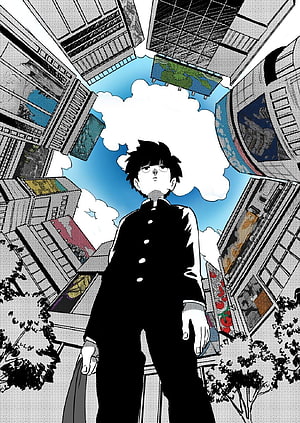 Mob from Mob Psycho 100 Standing in a Dramatic Urban Cityscape HD phone wallpaper