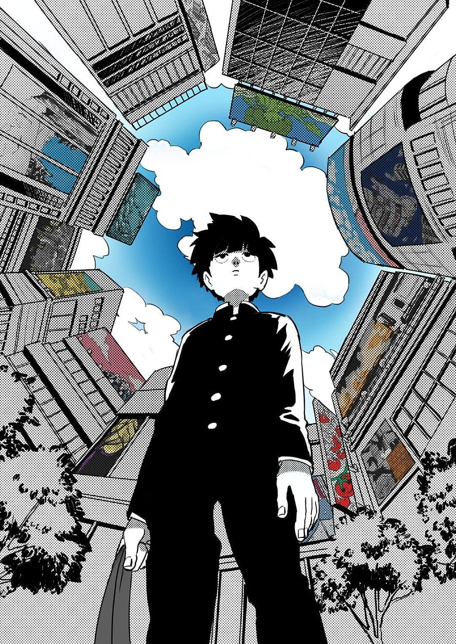 Mob from Mob Psycho 100 Standing in a Dramatic Urban Cityscape HD phone wallpaper