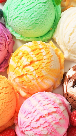 Colorful Ice Cream Scoops with Mint, Mango, and Raspberry Flavors HD phone wallpaper