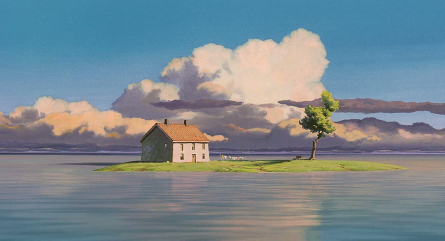 Spirited Away Island House Scene with Lush Greenery and Dramatic Clouds HD wallpaper
