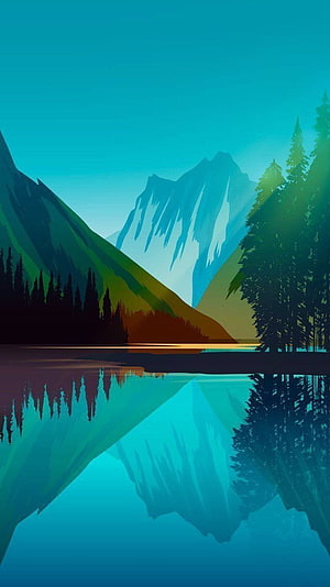 Stylized Mountain Lake Reflection with Pine Forest and Snow-Capped Peaks in Teal and Green Tones HD phone wallpaper