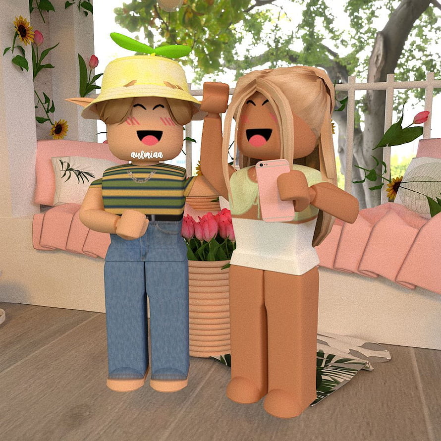 Cute Roblox Boy and Girl Best Friends in a Sunny Garden Setting HD phone wallpaper