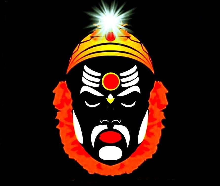 Koragajja God Traditional Mask Art with Glowing Crown and Black Background HD wallpaper