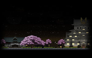 Pixel Art Japanese Castle and Cherry Blossoms Under a Starry Night Sky HD wallpaper