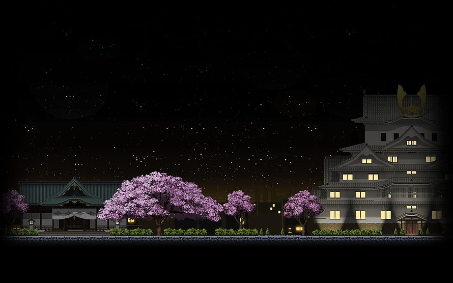 Pixel Art Japanese Castle and Cherry Blossoms Under a Starry Night Sky HD wallpaper