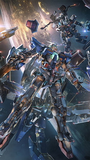 Gundam Mobile Suit Space Battle Illustration with Planet and Debris HD phone wallpaper