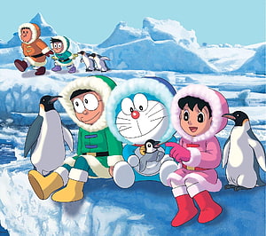 Doraemon and Nobita in Arctic Parkas with Penguins on Snowy Ice HD wallpaper