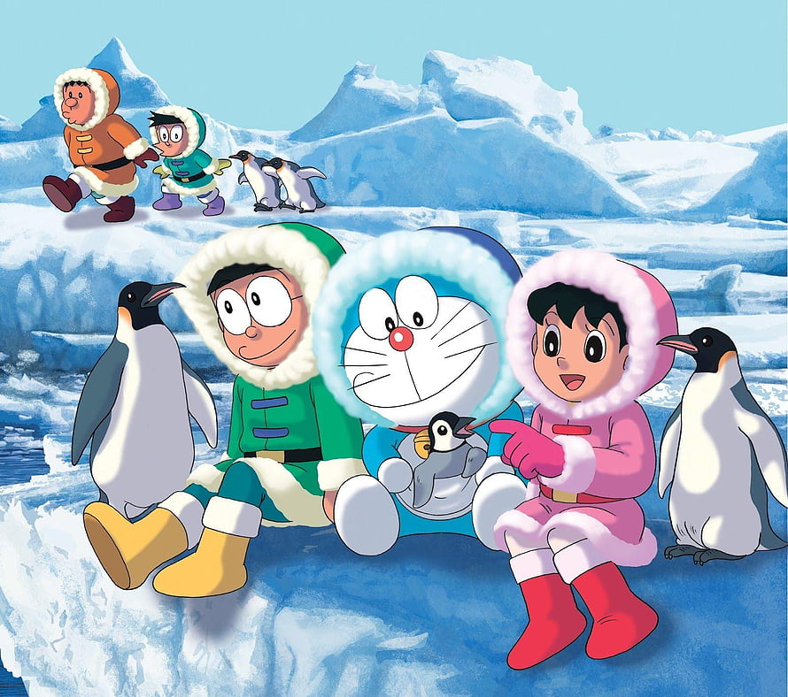 Doraemon and Nobita in Arctic Parkas with Penguins on Snowy Ice HD wallpaper