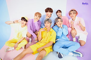 BTS Members in Pastel Coordinated Outfits for Festa 2021 Group Portrait HD wallpaper