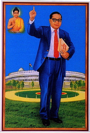 Dr. B. R. Ambedkar in Blue Suit with Book and Buddha Icon Before Parliament Building HD phone wallpaper