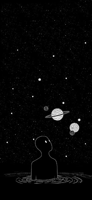 Minimalist Line Art of a Silhouette Gazing at Ringed Planets in a Starry Night Sky HD phone wallpaper