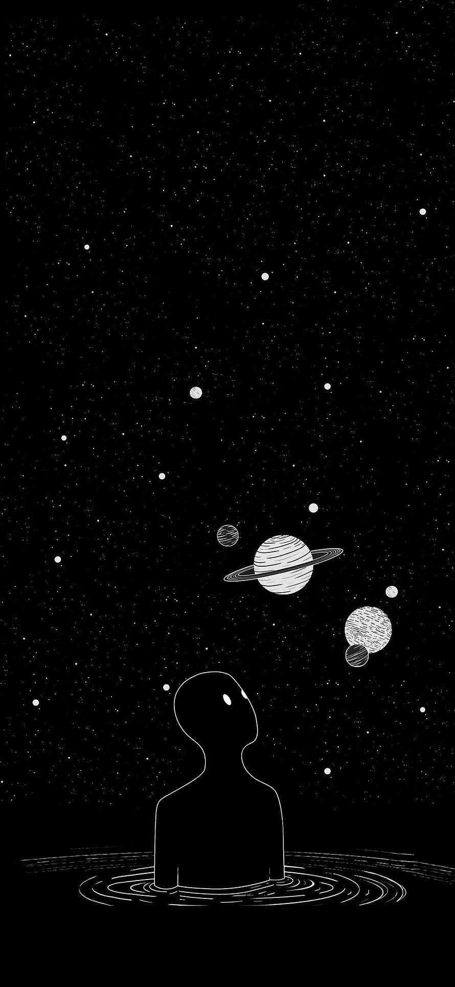 Minimalist Line Art of a Silhouette Gazing at Ringed Planets in a Starry Night Sky HD phone wallpaper
