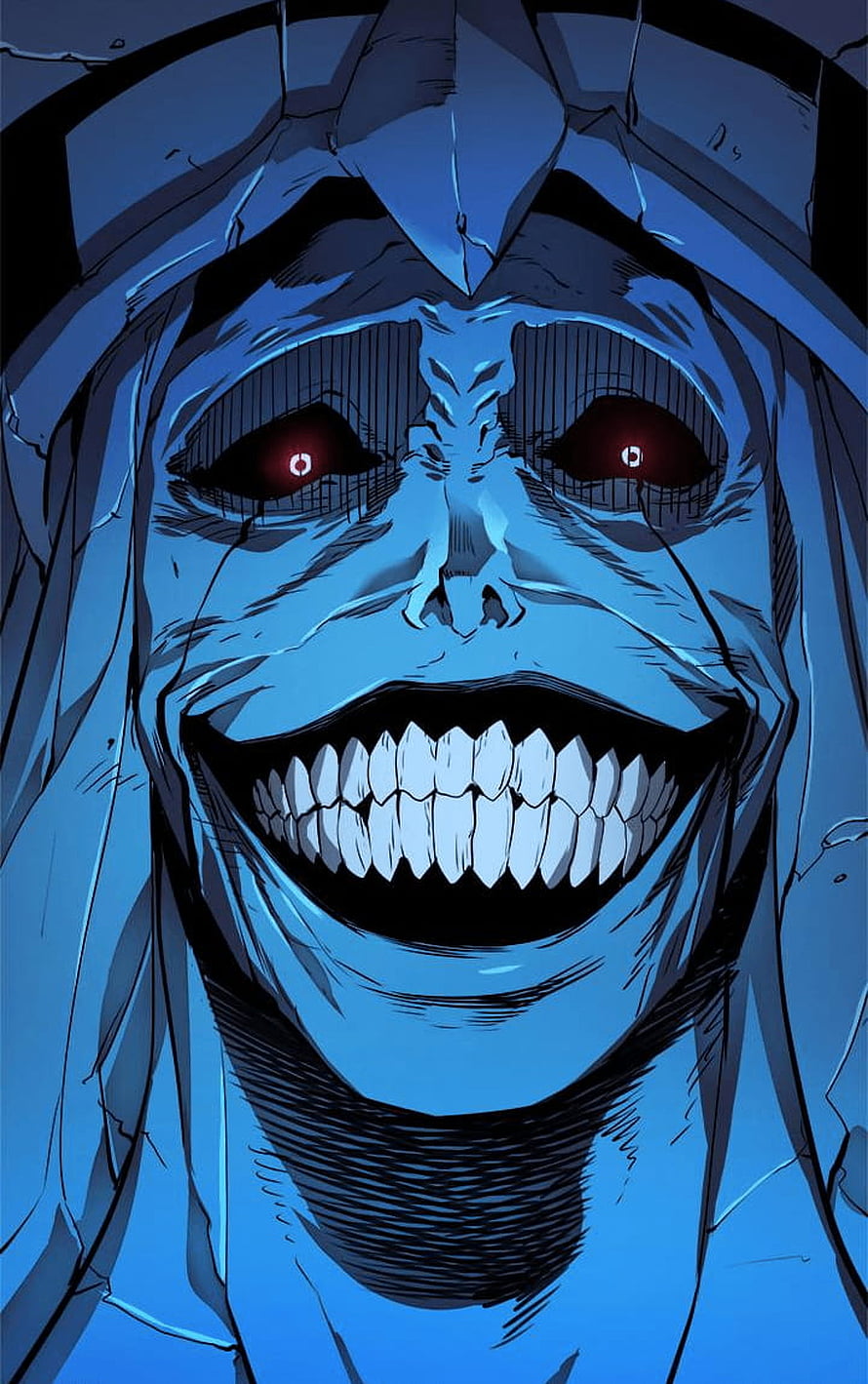 Solo Leveling Statue of God Character with Glowing Red Eyes and Menacing Grin HD phone wallpaper