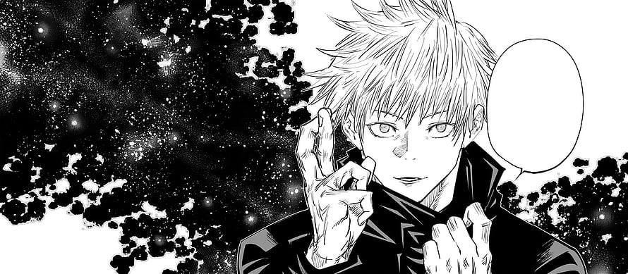 Gojo Satoru Jujutsu Kaisen Black and White Manga Panel with Dark Ink Splatter Background HD wallpaper