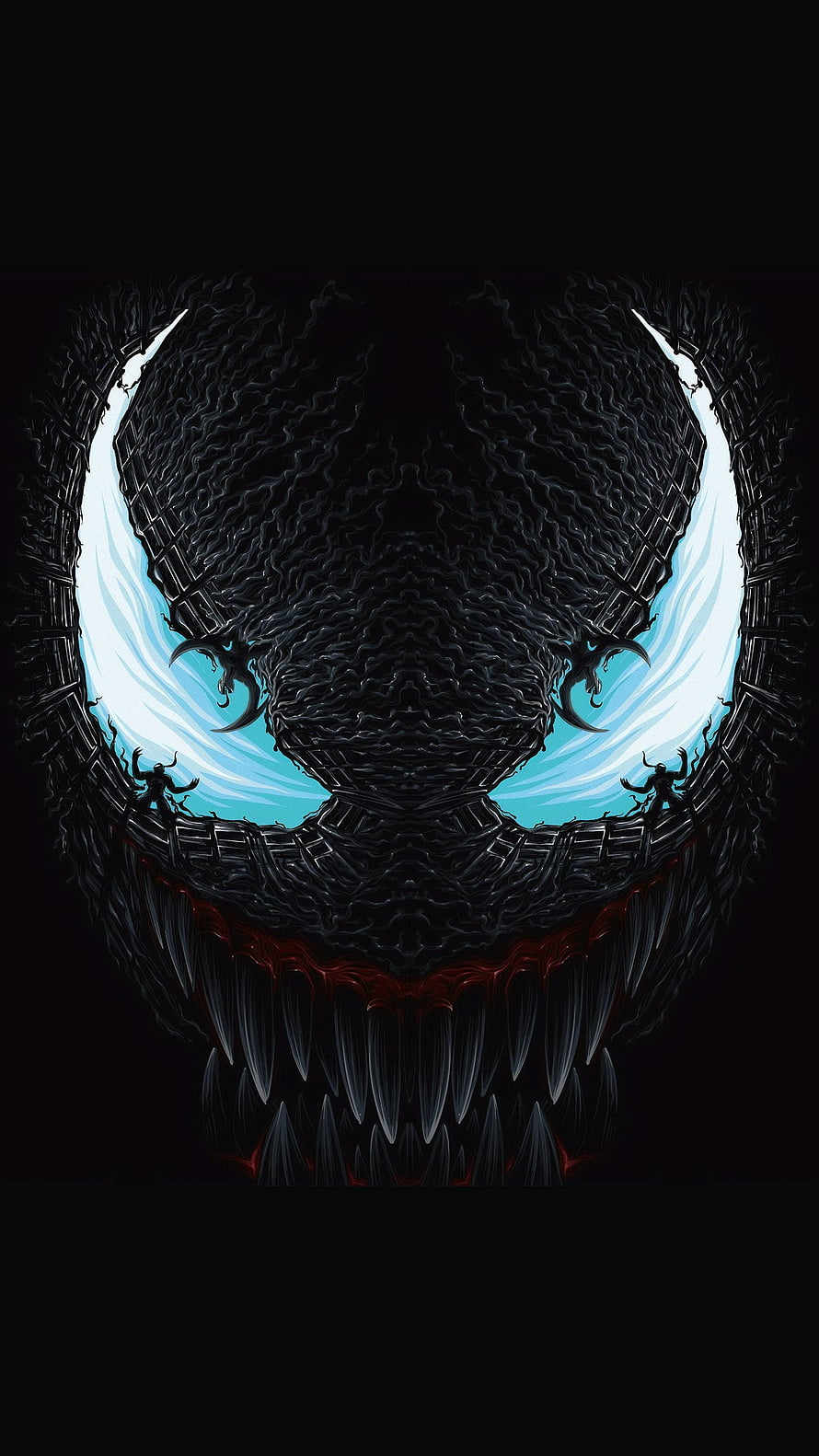 Venom Symmetrical Digital Art with Glowing Eyes and Sharp Teeth HD phone wallpaper
