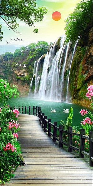 Serene Waterfall Landscape with Wooden Boardwalk, Swans, and Vibrant Pink Flowers HD phone wallpaper