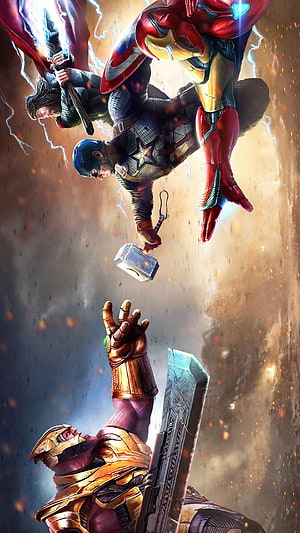 Avengers Assemble: Thanos Confronts Iron Man, Captain America, and Thor in Epic Battle HD phone wallpaper