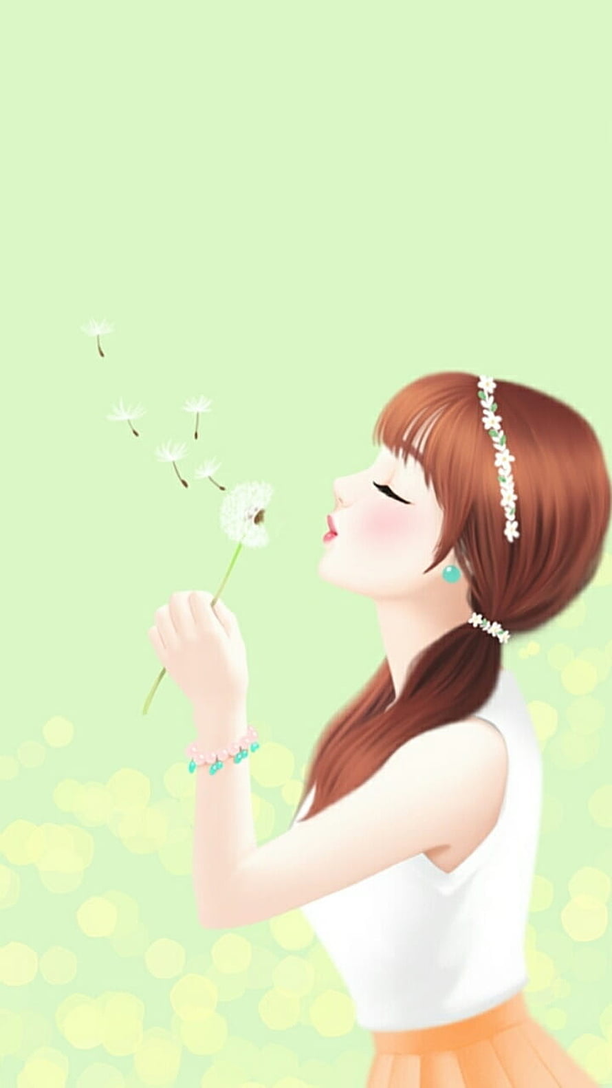 Cute Anime Girl Blowing Dandelion Seeds in Pastel Green Illustration HD phone wallpaper