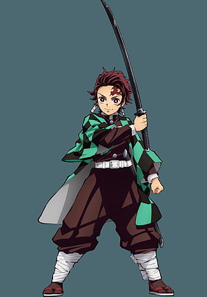 Tanjiro Kamado from Demon Slayer in Green Checkered Haori Holding Katana HD phone wallpaper