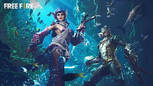 Free Fire Hayato and Female Character in Underwater Ocean Scene with Fish and Shark HD wallpaper