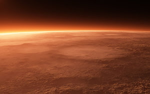 Mars Surface Horizon at Sunset with Atmospheric Glow and Rocky Terrain HD wallpaper