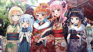 Hololive VTubers in Traditional Kimono at Japanese New Year Festival HD wallpaper
