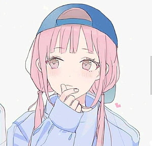 Pink-Haired Anime Girl in Blue Cap and Jacket with Finger on Lip HD wallpaper