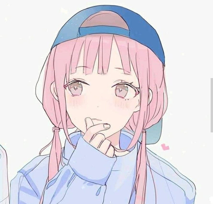 Pink-Haired Anime Girl in Blue Cap and Jacket with Finger on Lip HD wallpaper