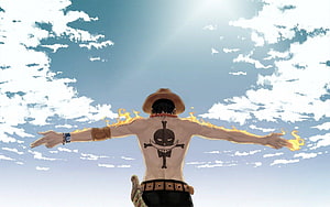 Portgas D. Ace Spreading Arms with Flames Against a Bright Blue Sky in One Piece HD wallpaper