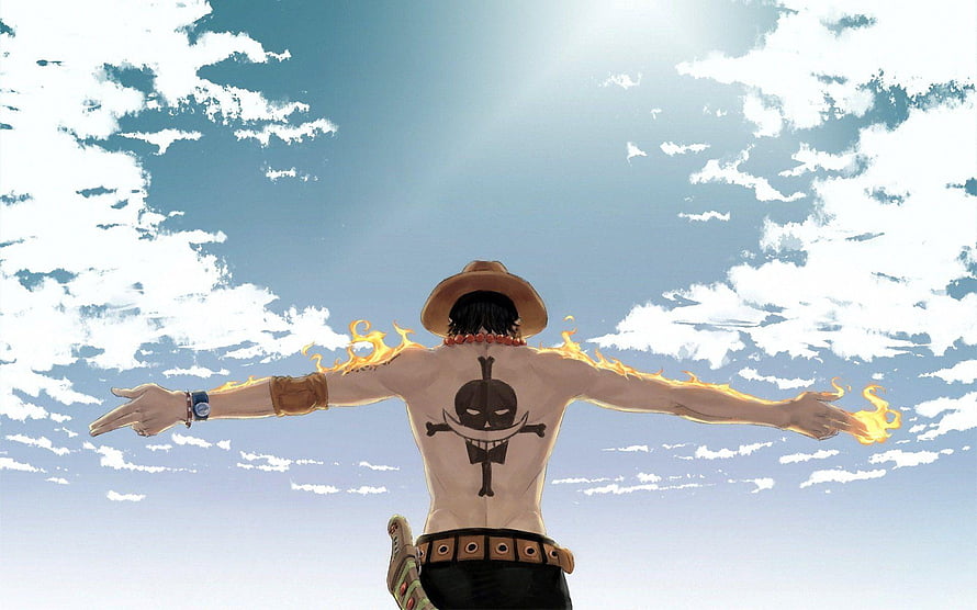 Portgas D. Ace Spreading Arms with Flames Against a Bright Blue Sky in One Piece HD wallpaper