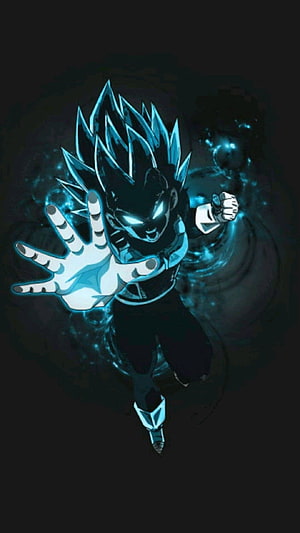 Dark Vegeta in Blue Aura with Glowing Eyes and Outstretched Hand HD phone wallpaper